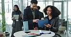 Clipboard, conference and business people with registration in office for corporate finance tradeshow. Handshake, guest list and admin assistant with financial advisor for signing up at convention.