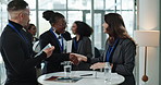 Business, people and handshake at corporate seminar with opportunity, onboarding or meeting. Introduction, happy man and woman shaking hands, networking and connect at conference for company growth