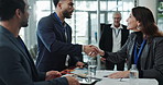 Business, people and shaking hands at corporate seminar with opportunity, onboarding or meeting. Introduction, happy man and woman with handshake, networking or connect at conference for company deal