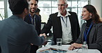 Welcome, handshake and business people at onboarding seminar with opportunity, meeting or b2b deal. Introduction, men and woman shaking hands, networking and connect at conference for company growth