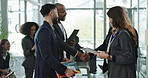 Networking, handshake and business people at onboarding seminar with opportunity, meeting or b2b deal. Introduction, men and woman shaking hands, welcome and connect at conference for company growth