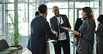 Introduction, handshake and business people at onboarding seminar with opportunity, meeting or b2b deal. Welcome, men and woman shaking hands, networking and connect at conference for company growth