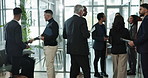 Business people, employees and meeting with handshake, conference and trade show in office. Group, participants and networking for seminar, audience and crowd with greeting, thank you and corporate