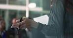 Business woman, hands and speaker with group or team for corporate training, meeting or convention at office. Closeup of female person discussing company strategy or goals with audience at conference