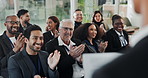 Applause, presentation and crowd of business people in office with finance training for investment profit. Clapping hands, conference and financial bankers celebrating stock shares revenue target.