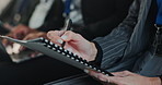 Writing, notes and hands of business people at seminar with corporate training, ideas and planning. Pen, notebook and audience in company meeting for growth, development and agenda in conference room