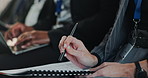 Waiting, notes and hands of business people at seminar with public relations, ideas and planning. Pen, notebook and bored journalist at press conference for presentation, proposal or company agenda