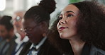 Business, people and presentation at convention with attention for corporate PR, development or growth. Public relations, men and women in audience at press conference, trade show or company seminar