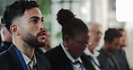 Businessman, seminar and listening with presentation for meeting, workshop or corporate training at office. Diversity or group of employees in conference for convention, development or coaching staff