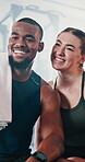 Selfie, man and woman in gym, fitness and exercise with progress and challenge for memory. People, wellness center and friends with smile and happiness with workout, club and cardio training