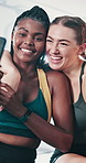 Happy women, interracial and friends with selfie for fitness, memory or photography together at gym. Young female person or team with smile for workout moment, picture or friendship at health club