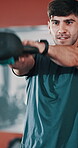 Fitness, man and kettlebell in gym for training, weightlifting and strong arm muscle development. Personal trainer, class and weigh for challenge with exercise, intense workout and energy for growth