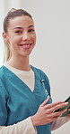 Woman, nurse face and tablet at clinic for healthcare research, online consultation and medicine. Female person, medical service and physician for insurance website, portrait and review treatment