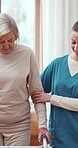 Nurse, old woman and walker for walking support in retirement, help and healing assistance. Caregiver, person with disability and rehabilitation aid, physiotherapy and cane for arthritis recovery