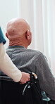 Senior man, wheelchair and nurse by back for helping, support and assistance for surgery recovery. Healthcare, caregiver and elderly person with disability for wellness, rehabilitation and retirement