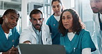 Laptop, doctors and nurses in hospital for discussion, listening and planning for medical diagnosis. Teamwork, employees and technology in healthcare for treatment ideas, feedback and surgery review
