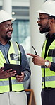 Men, engineer and tablet with talking in office for construction, advice and consulting for project. Black people, partnership and architect on touchscreen for planning, review and feedback at job