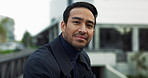 Face, Asian man and confident of business, outdoor and real estate agent in morning, smile and proud. Buildings, portrait and happy for property listing, person and professional in city of Tokyo