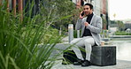 Business man, outdoor and phone call in city with online consultation of lawyer in the morning. Talking, attorney and mobile networking about labor law case with discussion and planning on bench