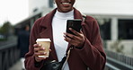 Black woman, business and happy on bride with smartphone for email notification in Atlanta. Female person, employee and smile in city as property developer for communication, connection or networking