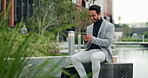 Business, Asian man and happy outdoor with texting on smartphone for social media in New York. Male person, employee and smile with browsing internet for entertainment, networking and communication