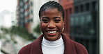 Face, business and happy black woman in city for travel, career and funny laugh outdoor. Portrait, smile and African professional entrepreneur in street for urban planner job or working in New York