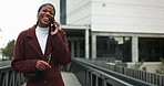 Black woman, phone call and city with laugh, conversation or communication outdoors. Happy African consultant, smile and business discussion with networking, funny joke and smartphone on urban street