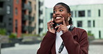 Black woman, funny and phone call for communication, smile and conversation. African person, outdoor and happy girl with cellphone, technology and discussion with digital app, travel or commute