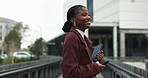 Black woman, business and happy outdoor with smartphone for email notification in New York. Female person, employee and smile in city as property developer for communication, connection or networking