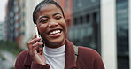 Black woman, phone call and laughing with city, conversation or communication outdoors. Happy African consultant, smile and business discussion with networking, joke and smartphone on urban street