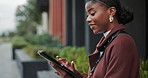 Tablet, business and black woman typing in city for info, good news and surprise notification. Tech, urban and professional outdoor on internet for reading email report with happy sales consultant