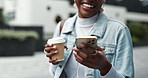 Black woman, laughing and walking with phone in hand for funny notification and social media joke. Music, person and earphones in road for podcast, streaming subscription or happy outdoor with coffee