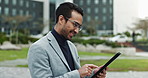 Tablet, business man and thinking in city for perspective insight, vision or mindset for career growth. Tech, urban and happy professional outdoor for research online, planning future and inspiration