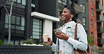 Black woman, phone and smile for music in city with earphones for streaming, podcast or social media. Happy, female person and mobile with coffee for listening, radio audio and morning news in urban 