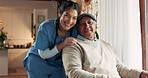 Senior, man and nurse with portrait at retirement home for injury comfort, rehabilitation and healthcare service. Smile, caregiver and patient with disability, consulting help and empathy support