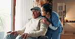 Patient, talk and caregiver with support at homecare for injury comfort, rehabilitation and healthcare service. Smile, volunteer and senior man with disability, medical help and retirement empathy 