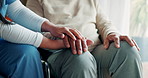 Helping hand, nurse and empathy for support with kindness in nursing home for retirement. Elderly person, love and senior care in bonding with caregiver, connection and together in health or wellness