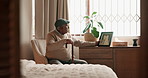 Lonely, senior man and relax in bedroom with picture frame, nostalgia memory and partner loss of empathy. Elderly person, walking stick and check album, remember history and broken heart at house