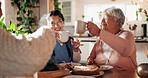 Assisted living, coffee and nurse with old couple for cheers or visit in retirement home together. Cake, food or tea with professional caretaker, senior man and woman in dining room of apartment