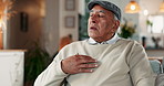 Senior man, chest pain and cough with asthma for cardiac arrest or arrhythmia at home. Closeup, hands and sick elderly male person with flu, cold or bronchitis for viral infection, disease or illness