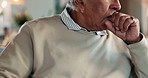 Senior man, chest pain and cough with illness for cardiac arrest or arrhythmia at home. Closeup, hands and sick elderly male person with flu, cold or bronchitis for viral infection, disease or asthma