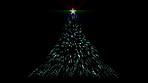 Christmas tree, star and glitter with glow for festive, celebration or colorful twinkle decoration. Xmas, lights and bright shining sparkles for tradition, holidays or party by black background.
