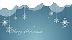 Digital, merry Christmas and nativity with illustration of festive greeting card for celebration of holiday season. Cloud, snow and text on blue background for traditional event in winter or December