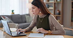 Woman, writing and laptop in home for application, planning and contract review for job opportunity. Female person, tech and documents in living room for insurance form, petition and sign information