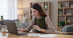 Happy woman, laptop and online banking with credit card for virtual payment or remote shopping at home. Young, female person or shopper with smile, debit or computer for internet purchase or finance