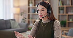 Consultant headset, remote work and woman with laptop for customer service, technical support or assistance. Virtual assistant, friendly agent or talking with microphone in home office for contact us