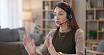 Consultant microphone, remote work and woman with laptop for customer service, technical support or assistance. Insurance agent, feedback and talking with headset in home office for contact us or crm