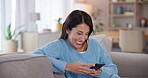 Woman, relax and laughing on sofa with phone for funny text message, social media meme or online joke in home. Person, smartphone and happy in lounge with streaming subscription and fun mobile chat