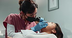 Dentist, woman patient and tooth exam with excavator for orthodontics check in healthcare consultation. Cleaning, assessment and medical inspection for oral hygiene and mouth wellness and health
