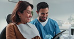 Tablet, woman patient and dentist in clinic with fist bump for dental insurance approval. Happy, female person and orthodontist with digital technology for teeth cleaning, whitening or scan of mouth.